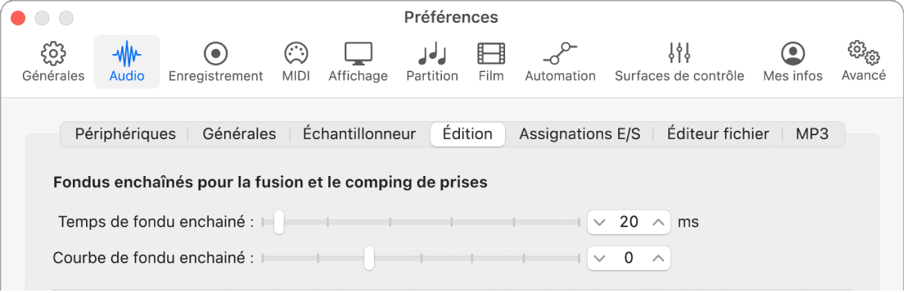 Figure. Paramètres de fondu dans les préférences audio d’édition.