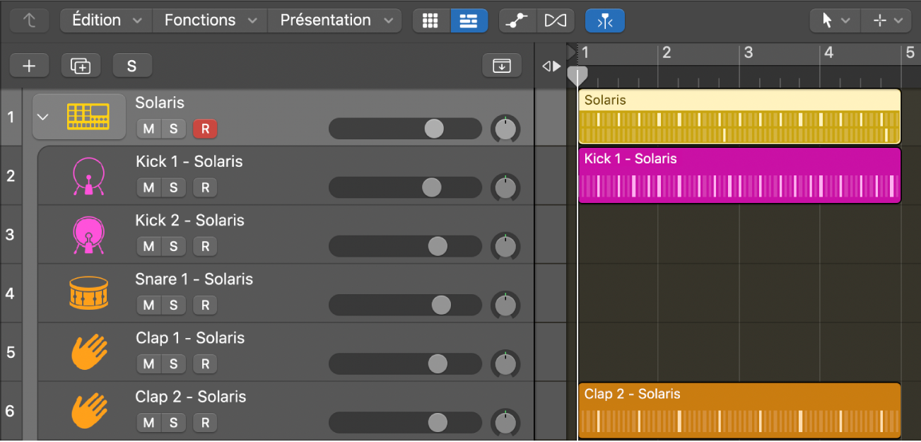 Track Stack de Drum Machine Designer scindée, avec régions de motif au sein de sous-pistes