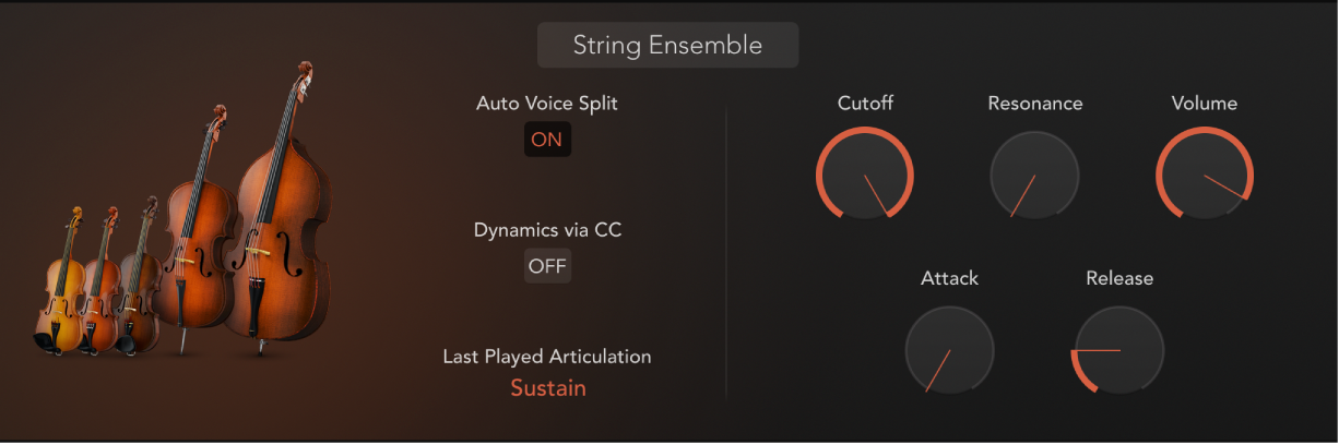 Figure. Fenêtre Studio Strings affichant la section String Ensemble.