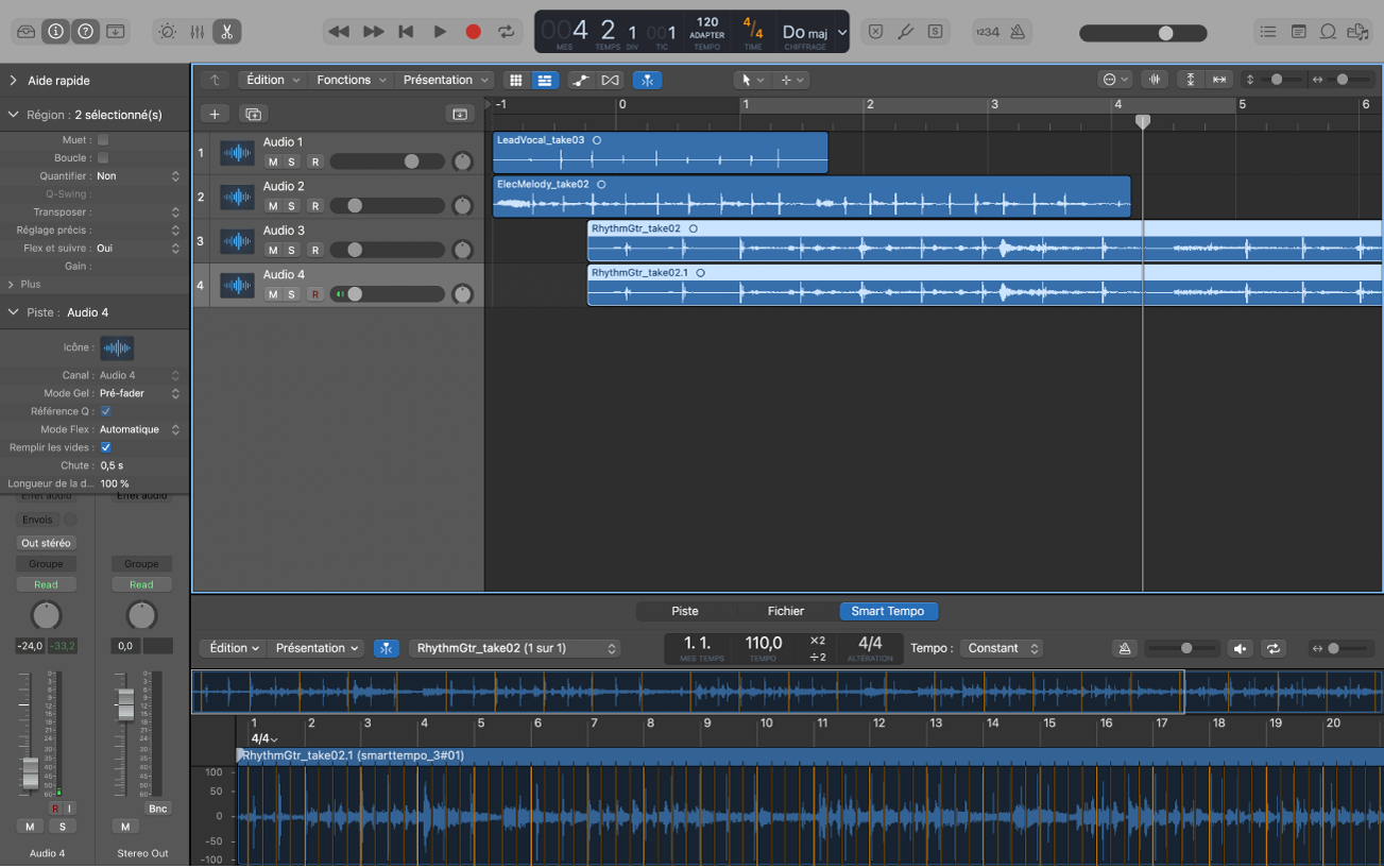 Figure. Projet Logic Pro avec des fichiers audio multipistes.