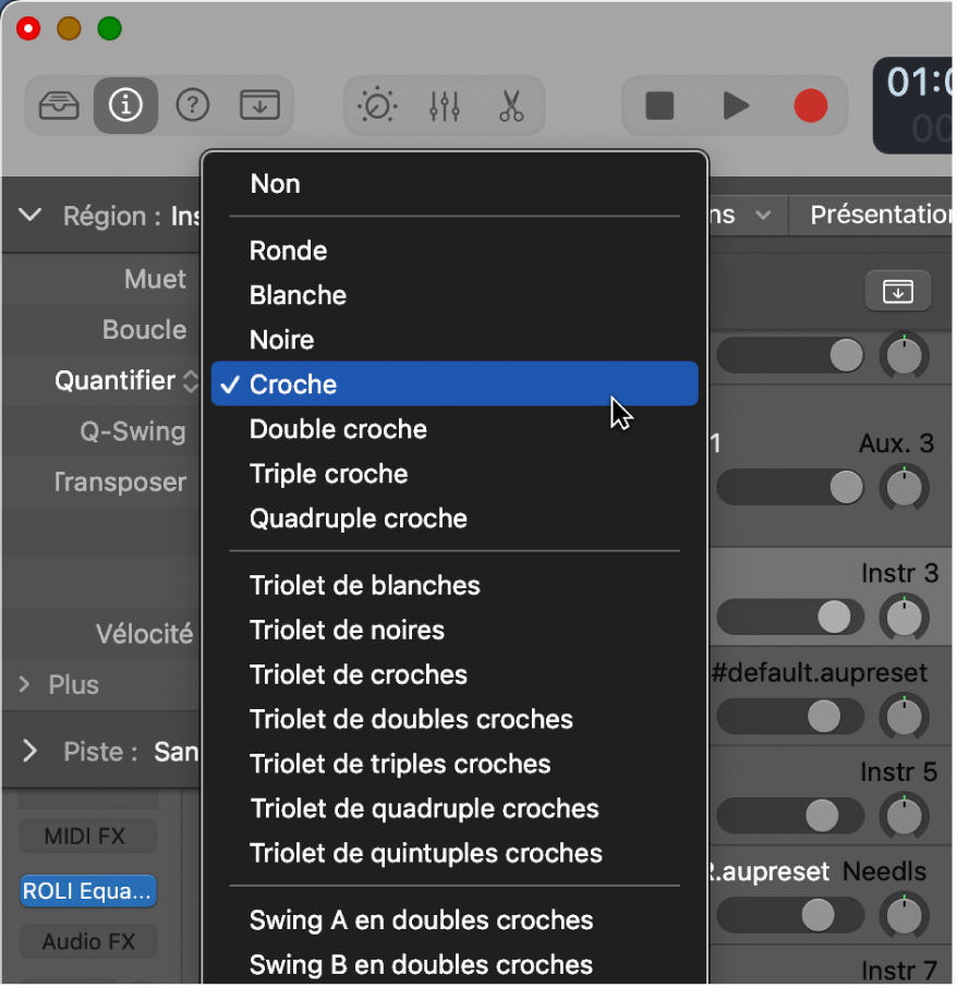 Figure. Menu local Quantifier dans l’inspecteur de région.