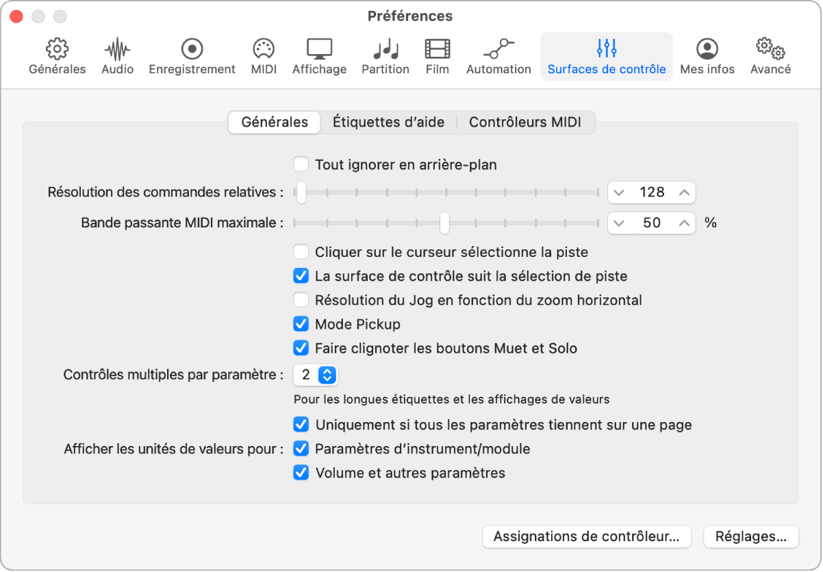 Figure. Fenêtre Préférences des surfaces de contrôle de Logic Pro.