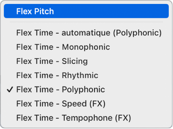 Figure. Menu local Mode Flex avec le mode Flex Pitch sélectionné.