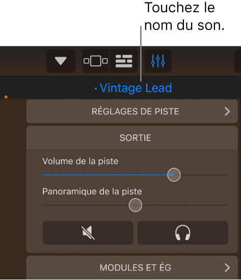 Illustration. Le nom du son actuel au-dessus des commandes de piste.
