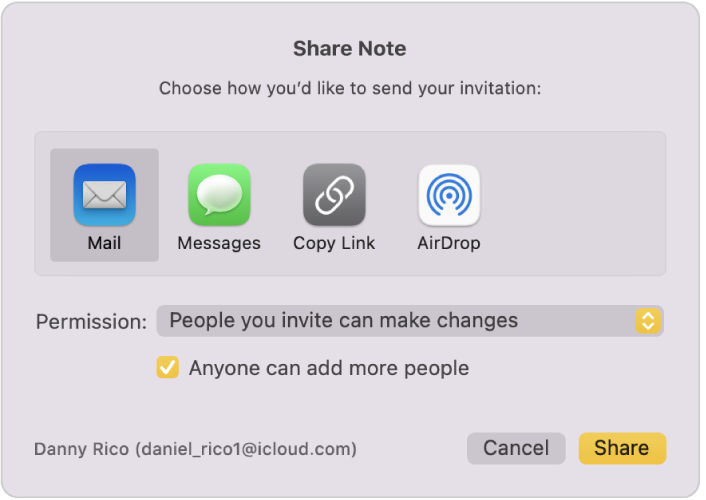 The Share Note dialog, where you can choose how to send the invitation to share a note.