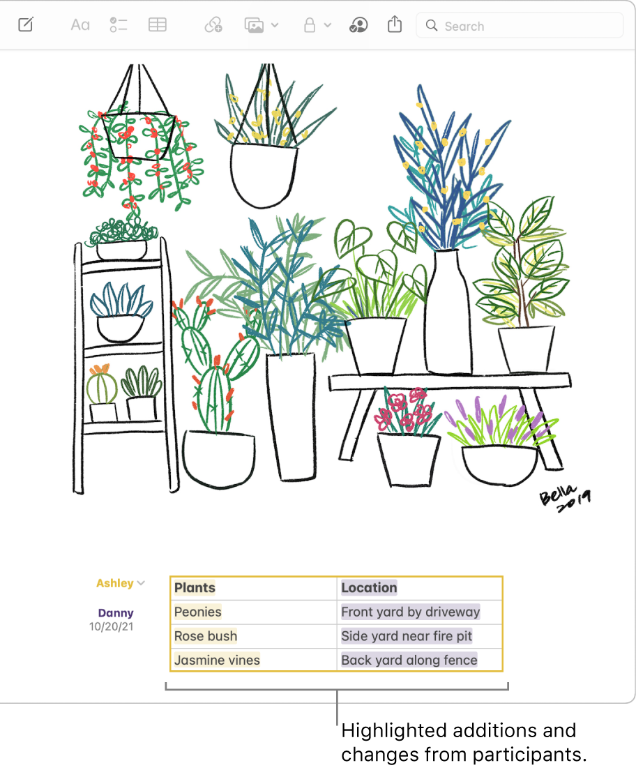 A note with a table showing a list of plants and their locations around a home. Changes from another participant are highlighted.