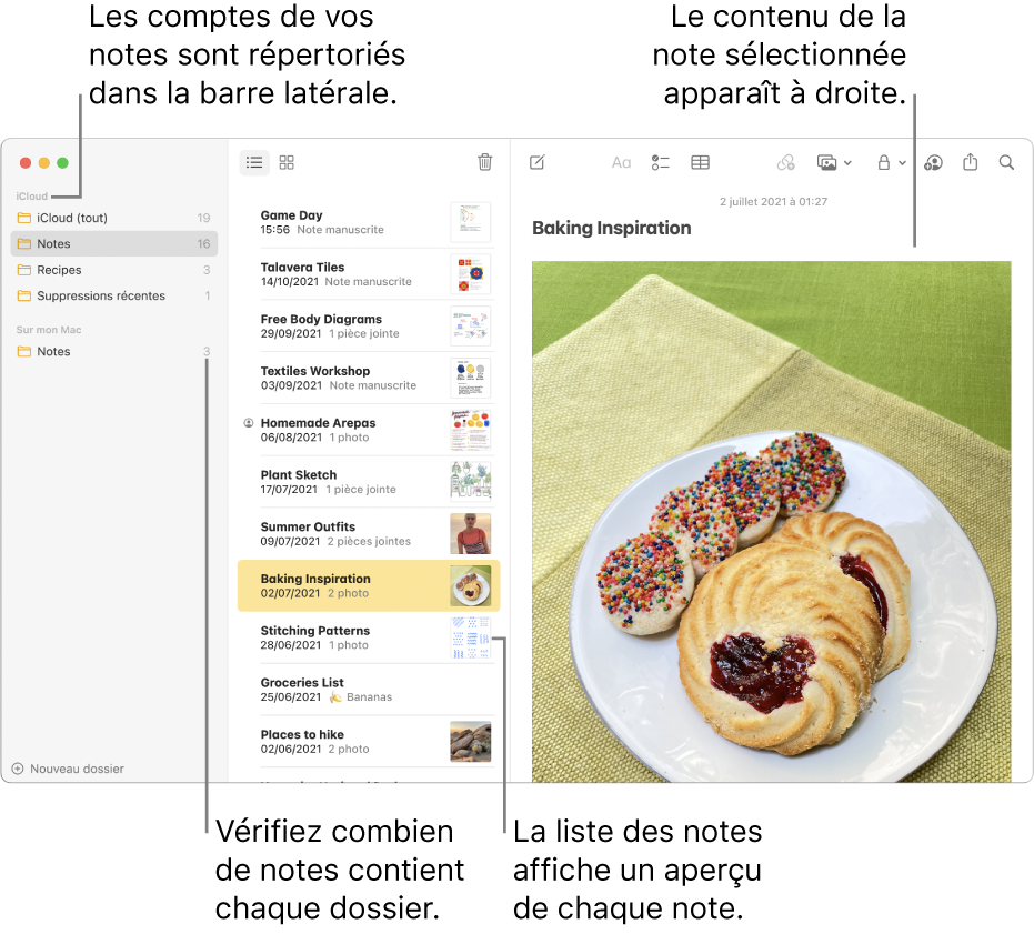 La fenêtre Notes avec tous vos comptes configurés et dossiers répertoriés dans la barre latérale sur la gauche, la liste des notes au milieu avec un aperçu de chaque note et le contenu de la note sélectionnée sur la droite. Le nombre de notes apparaît à côté de chaque dossier.