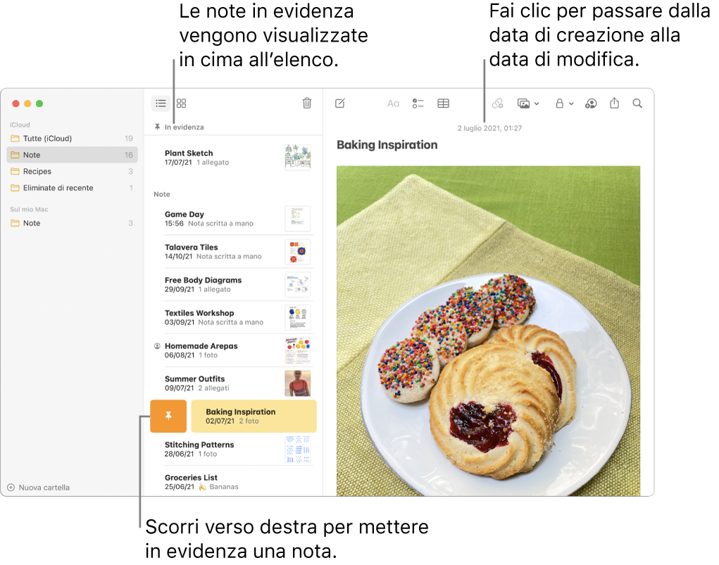 La finestra di Note, con l’elenco di note al centro, le note in evidenza in cima all’elenco e il pulsante per metterle in evidenza in corrispondenza di una nota. Il contenuto di quella nota appare sulla destra con la data in alto; fai clic sulla data per passare dalla data di creazione alla data di modifica.