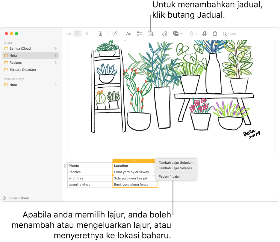 Tetingkap Nota menunjukkan butang Jadual—kliknya untuk menambah jadual. Dalam kandungan nota, lajur jadual dipilih supaya anda boleh menambah atau mengeluarkan lajur atau menyeretnya ke lokasi baharu.