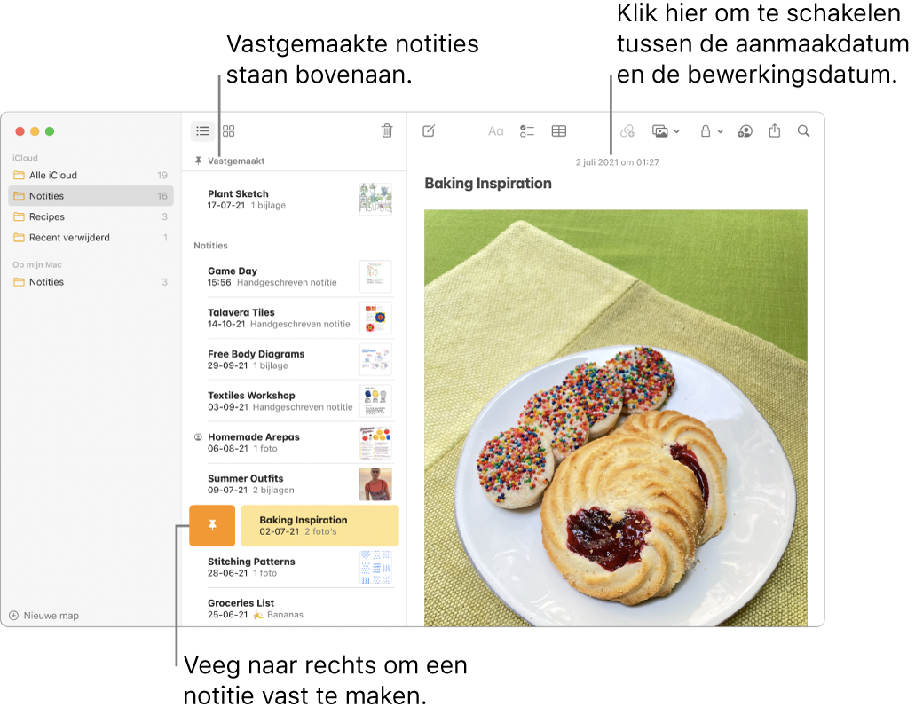 Het Notities-vensters met de lijst met notities in het midden, vastgemaakte notities boven aan de lijst en de vastmaakknop op een notitie. De inhoud van die notitie wordt aan de rechterkant weergegeven met de datum bovenaan. Klik op de datum om te wisselen tussen de aanmaakdatum en de bewerkingsdatum.