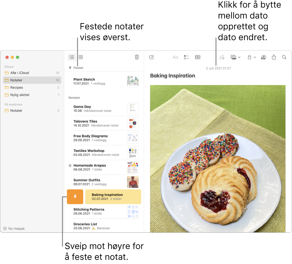 Notater-vinduet med notatlisten i midten, festede notater øverst i notatlisten, og Nål-knappen på ett notat. Innholdet til det notatet vises til høyre med datoen øverst. Klikk på datoen for å bytte mellom dato opprettet og dato redigert.