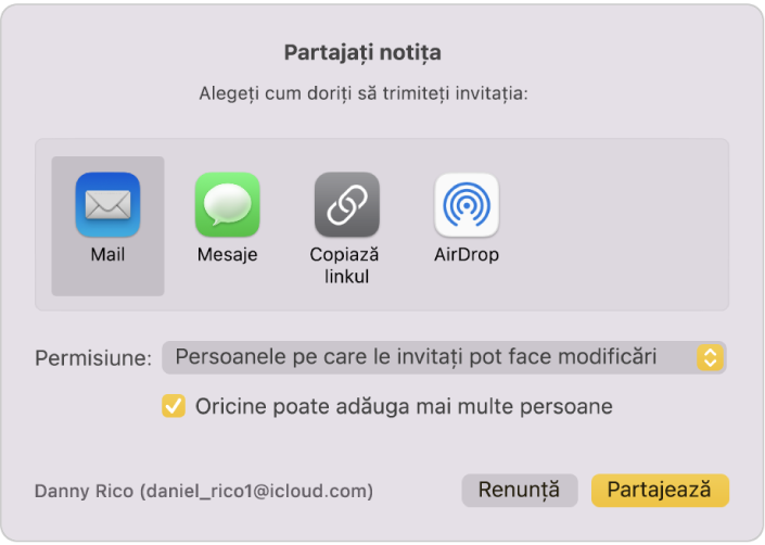 Dialogul de partajare a notiței, în care puteți selecta modul în care trimiteți invitația de a partaja o notiță.