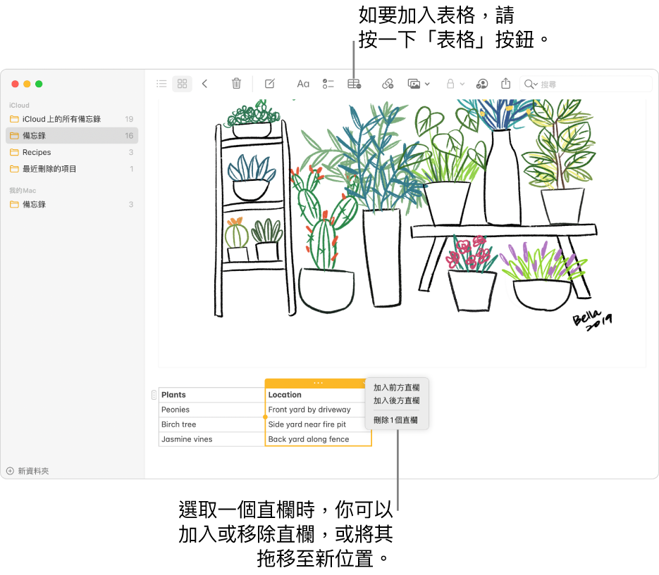 如「備忘錄」視窗顯示「表格」按鈕，按一下以加入表格。在備忘錄內容中，選擇表格直欄讓你可以加入或移除直欄，或將其拖移至新位置。