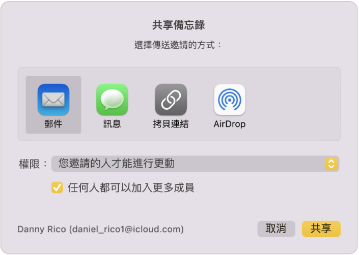「分享備忘錄」對話框，您可以在此選擇傳送邀請以共享備忘錄的方式。