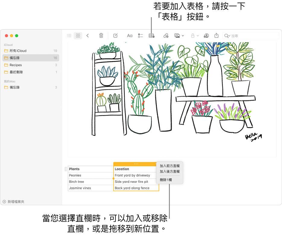 「備忘錄」視窗顯示「表格」按鈕，按一下它來加入表格。在備忘錄內容中已選取一個表格直欄，您可加入或移除直欄或將其拖移至新的位置。