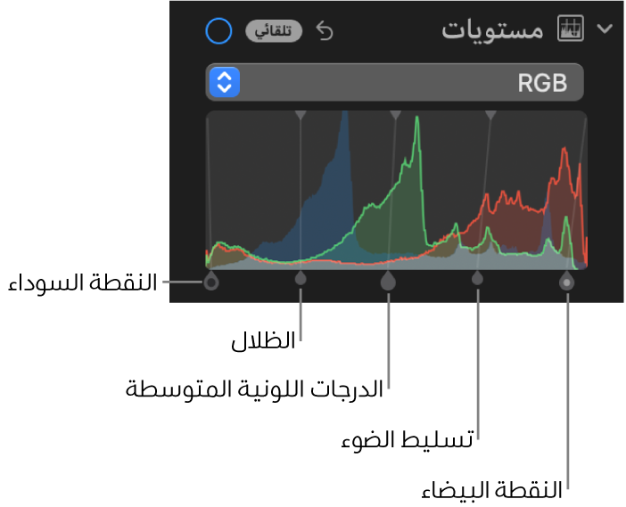 عناصر تحكم المستويات في الجزء ضبط، تُظهر مدرج RGB التكراري بمقابض أدناه، وتشمل (من اليمين إلى اليسار) النقطة السوداء والظلال والدرجات اللونية المتوسطة والتمييزات، والنقطة البيضاء.