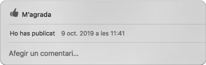 Una finestra que mostra les opcions “M’agrada” i de comentari per a una foto compartida.