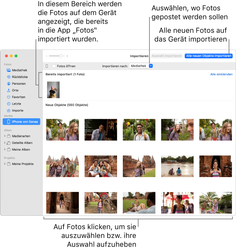 Fotos auf dem gerät, die bereits importiert wurden, werden oben im Bereich angezeigt, neue Fotos werden unten angezeigt. Oben in der Mitte befindet sich das Einblendmenü „Importieren nach“. Die Taste „Alle neuen Objekte importieren“ befindet sich oben rechts.