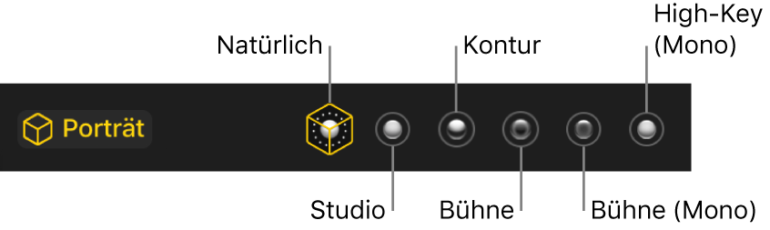 Die Optionen für die Beleuchtungseffekte eines Fotos, das im Porträtmodus aufgenommen wurde. Hierzu gehören (von links nach rechts) „Natürlich“, „Studio“, „Kontur“, „Bühne“, „Bühne (Mono)“ und „High-Key (Mono)“.