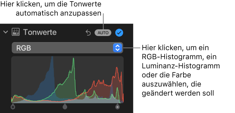 Die Steuerungen „Tonwerte“ im Bereich „Anpassen“ mit der Taste „AUTO“ rechts oben und dem RGB-Histogramm unten.