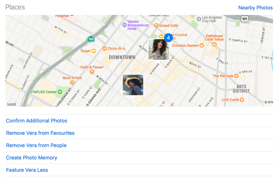 A map with thumbnails showing locations where photos of a person were taken, and commands below the map for changing People settings.