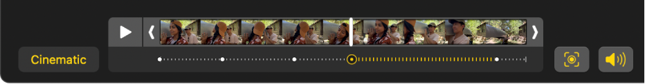 A frame viewer showing the frames of the Cinematic mode video, with a Cinematic button on the left and an Audio button on the right.