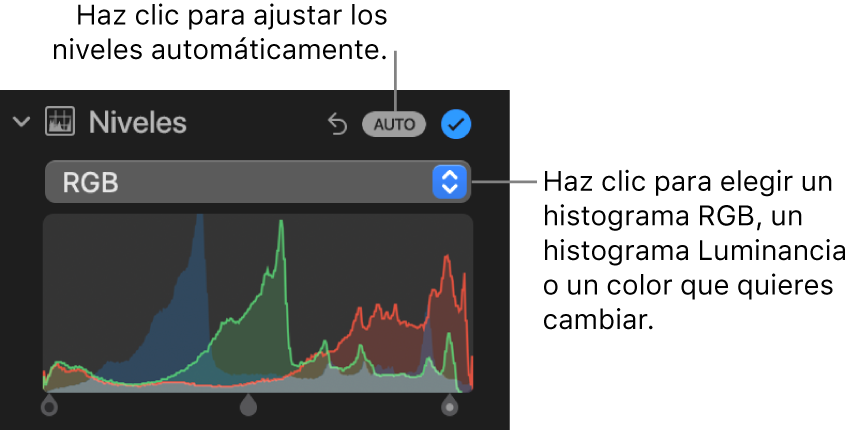 Los controles de Niveles en el panel Ajustar mostrando el botón Automático seleccionado en la parte superior derecha y el histograma RGB en la parte inferior.