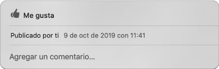 Una ventana que muestra las opciones “Me gusta” y comentar para una foto compartida.