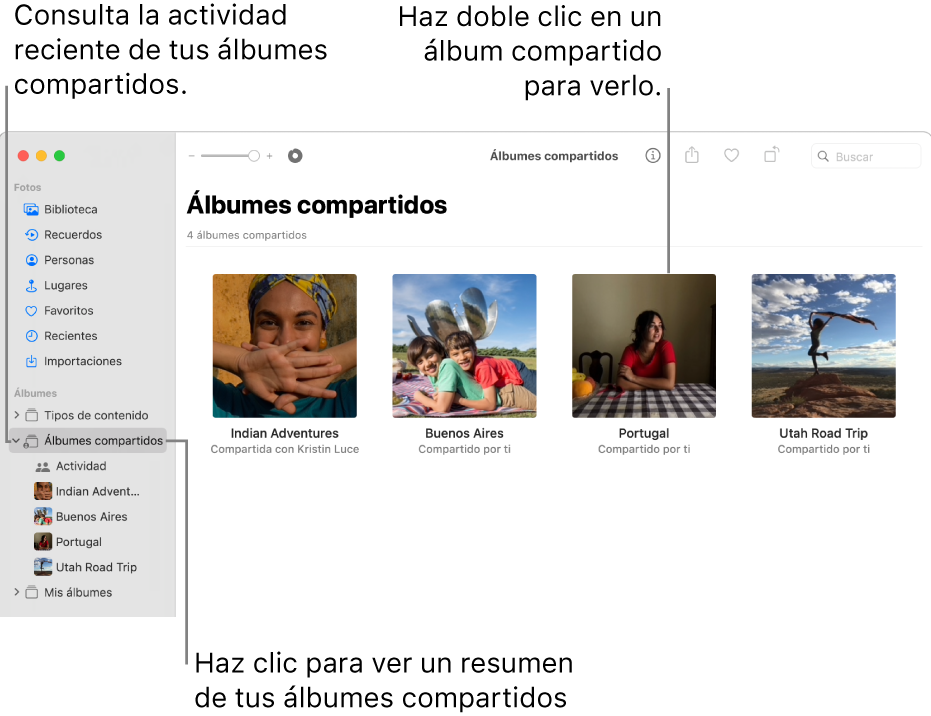 La ventana de Fotos mostrando la opción “Álbumes compartidos” seleccionada en la barra lateral y los álbumes compartidos se muestran a la derecha.