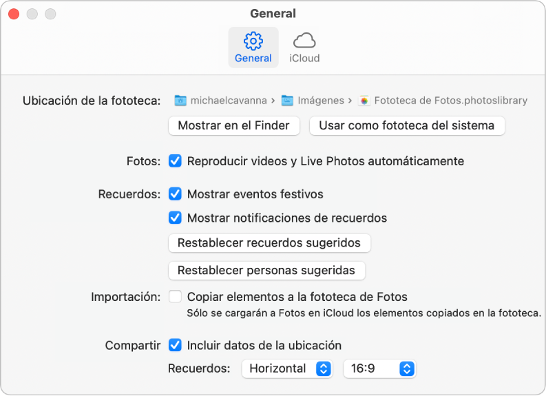 El panel General de las preferencias de Fotos.