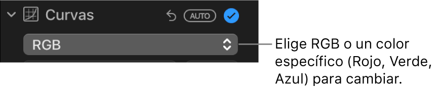 Los controles de Curvas en el panel Ajustar mostrando el botón RGB seleccionado en el menú desplegable.