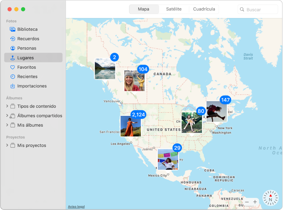 La ventana de Fotos mostrando un mapa con miniaturas de fotos agrupadas por ubicación.