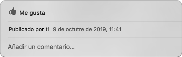 Una ventana en la que se ven las opciones para indicar “Me gusta” y comentar una foto compartida.