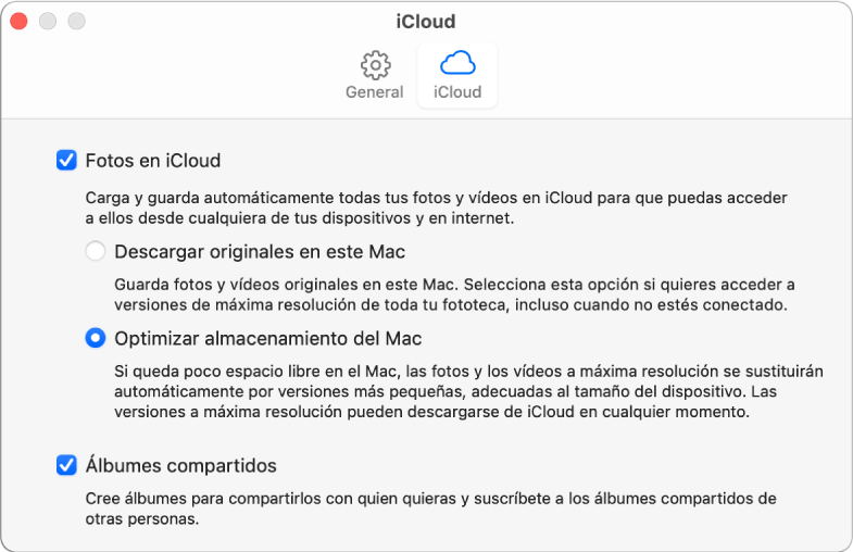 El panel iCloud de las preferencias de Fotos.