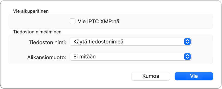 Valintaikkuna, jossa näkyy valintoja kuvatiedostojen viemiseen alkuperäisessä muodossa.