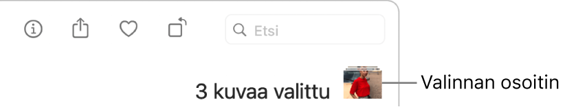 Valintailmaisin, joka näyttää kolme kuvaa valittuina.