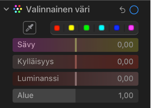 Säädöt-osion Valinnainen väri -säätimet, joissa sävy-, kylläisyys-, luminanssi- ja alue-liukusäätimet näkyvissä.