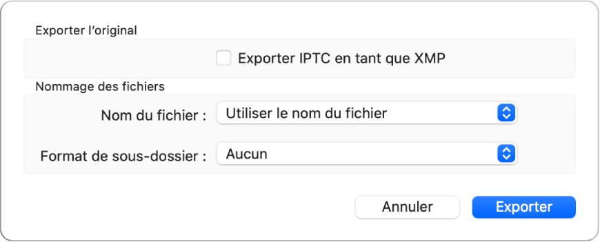 Une zone de dialogue affichant des options d’exportation de fichiers photo dans leur format original.