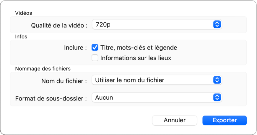 Une zone de dialogue affichant les options d’exportation de vidéos.