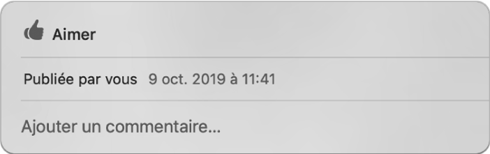 Une fenêtre affichant les options « J’aime » et « Commentaire » pour une photo partagée.