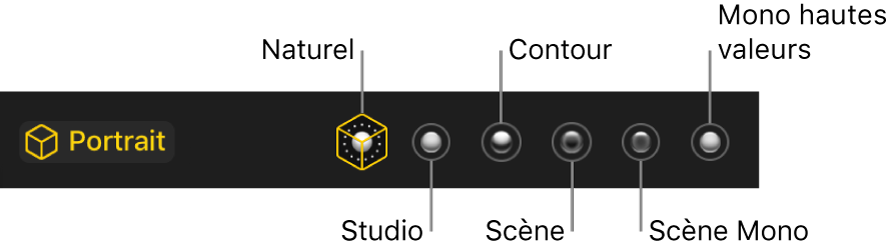Les effets d’éclairage du mode Portrait, dont (de gauche à droite) Naturel, Studio, Contour, Scène, « Scène mono » et « Mono hautes valeurs ».