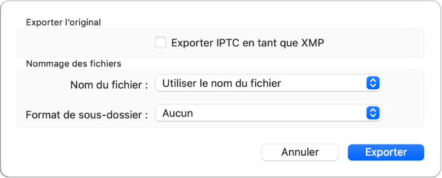 Une zone de dialogue affichant les options d’export de fichiers photo au format d’origine.