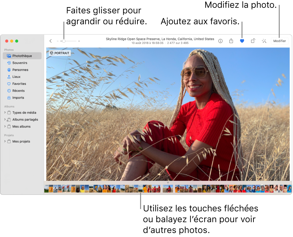La fenêtre Photos présentant une photo agrandie à droite avec un rang de vignettes au-dessous. La barre d’outils en haut comprend le curseur Réduire/agrandir, le bouton Ajouter aux favoris et le bouton Modifier.
