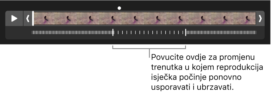 Usporeni video isječak s hvatištima koje možete povlačiti za promjenu mjesta gdje se videozapis usporava i ponovno ubrzava.