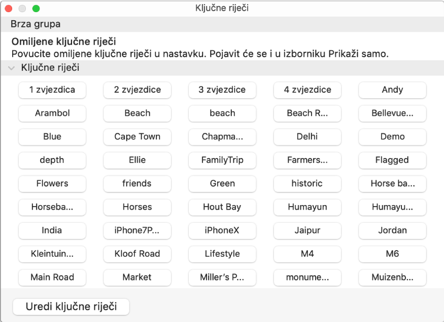Ključne riječi u prozoru Upravitelja ključnim riječima s područjem Brze grupe pri vrhu i tipkom Uredi ključne riječi na donjoj lijevo strani.