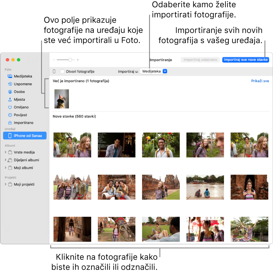 Aplikacija Foto na uređaju koji ste već importirali prikazana je na vrhu prozora, a nove se fotografije nalaze na dnu. Na vrhu u središtu nalazi se skočni izbornik “Importiraj u”. Tipka Importiraj sve nove stavke nalazi se u gornjem desnom kutu.