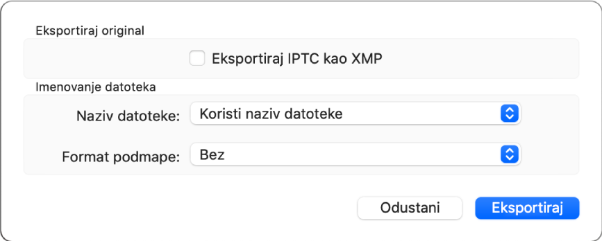 Dijalog s prikazom opcija za eksportiranje datoteka s fotografijama u njihovom originalnom formatu.