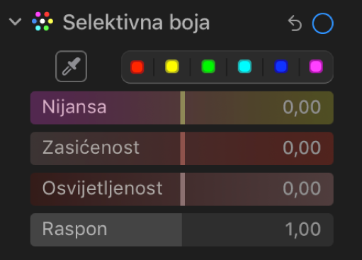 Kontrole Selektivna boja u prozoru Prilagodi s prikazom opcija Nijansa, Zasićenost, Osvijetljenost i Raspon.