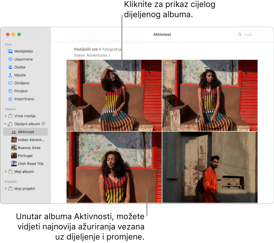 Prozor aplikacije Foto s Aktivnosti odabranom u rubnom stupcu i albumom Aktivnost prikazanim s desne strane.
