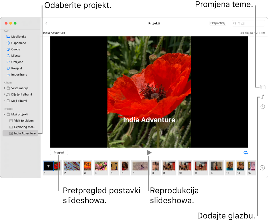 Prozor aplikacije Foto prikazuje slideshow u glavnom dijelu prozora, s tipkom Pretpregled, tipkom Reprodukcija i tipkom petlje ispod glavne slike slideshow prikaza, minijaturama svih slika u slideshow prikazu na dnu prozora i tipkama Tema, Glazba i Trajanje na desnoj strani.